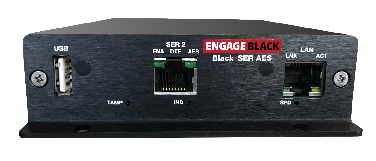 BlackSER AES inline RS232 serial data encryptor, front view.